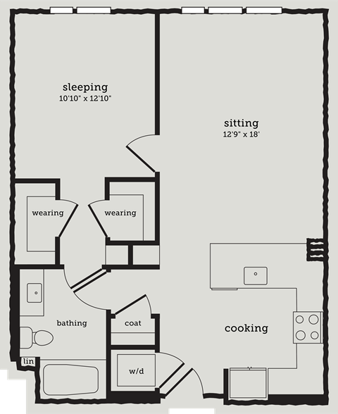Floor plan for 1 bed, 1 bath, 761 sqft